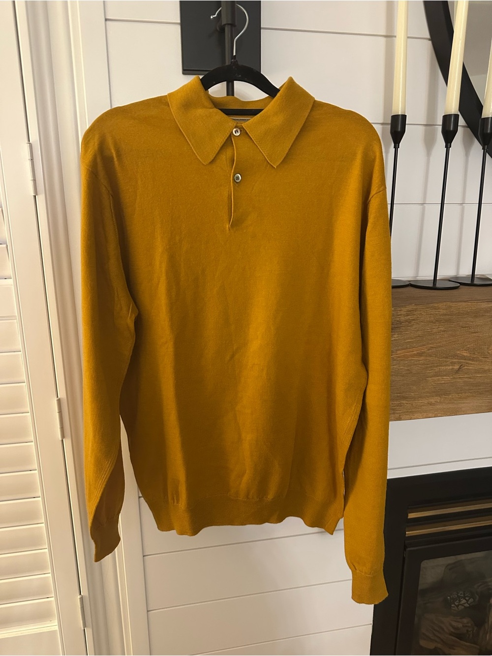 Luxury 100% WOOL Men's Long-Sleeve Polo Sweater in Mustard Yellow